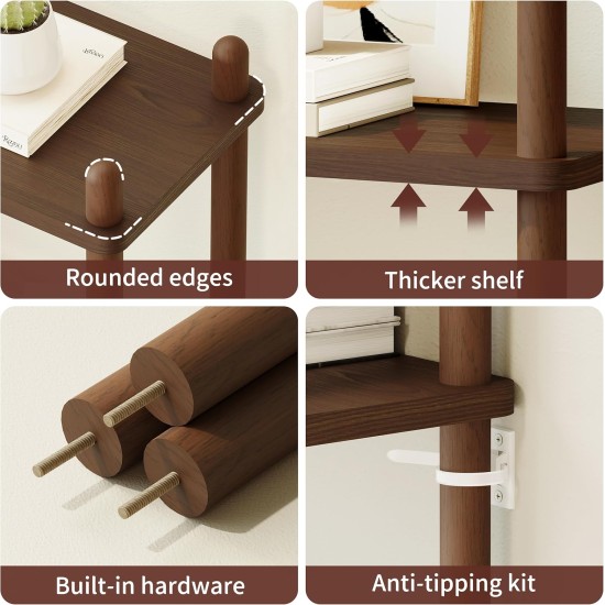 IOTXY Wooden Triple Wide Bookshelf - 5-Tier Large Shelf Bookcase with Solid Beech Frame, Tall Freestanding Open Etagere Display Rack for Home Office, Walnut