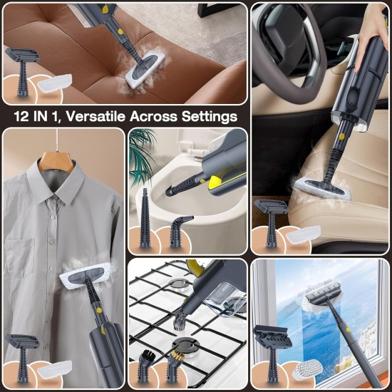 ScrubWiz Steam Mop with Detachable Handheld Steam Cleaner, 10-in-1 Multi Accessories, Quick 10s Heat, 350ml and 2-Level Steamer for Cleaning Floor, Carpet, BBQ Grill, Tile, and Grout, Gray