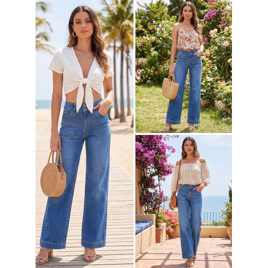 Sidefeel Women's Wide Leg Jeans High Waisted Stretchy Tummy Control Straight Leg Denim Pants