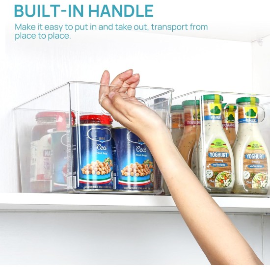 Vtopmart 6 PCS Clear Plastic Storage Bins, Pantry Organizer Containers with Handle for Refrigerator, Fridge, Cabinet, Kitchen, Countertops, Cupboard, Home Organization and Storage, XL