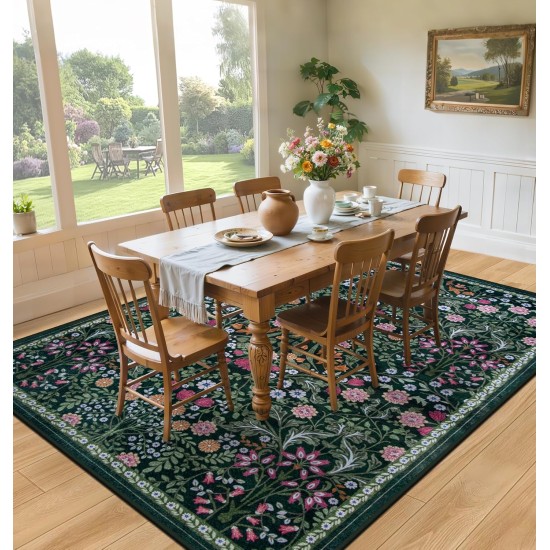 8x10 Area Rugs for Living Room: Floral Washable Rug Vintage Large Soft Boho Non-Slip Carpet Indoor Floor Stain Resistant Carpets for Bedroom Dining Room Farmhouse Nursery Home Office Dark Green