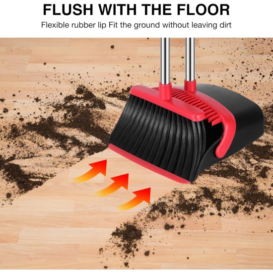 NACENA Broom and Dustpan Set, 52-in Long Adjustable Handle Broom Dustpan Combo with Dustpan Teeth to Automatically Clean Hair Suitable for Home Kitchen Office Hall Floor（Black&Red）