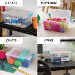 IRIS USA 12 Qt. Craft Storage Bins with Lids, 4-Pack, |Made in USA|, Clip Box, Medium Plastic Sensory Bin Tote Organizer Containers for Art Supplies, Paper, & Office, Stackable - Clear/Seafoam Blue