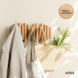 Umbra Picket Coat Rack Wall Mount – 5 Flip-Down Wood Coat Hooks, Modern & Functional Storage, Easy Install Wall Hooks, Natural