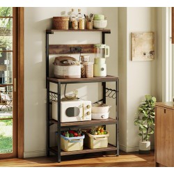 SUPERJARE Kitchen Bakers Rack with Power Outlet, Coffee Bar Table 4 Tiers, Kitchen Microwave Stand with 6 S-Shaped Hooks, Storage Shelf Rack for Spices, Pots and Pans - Rustic Brown