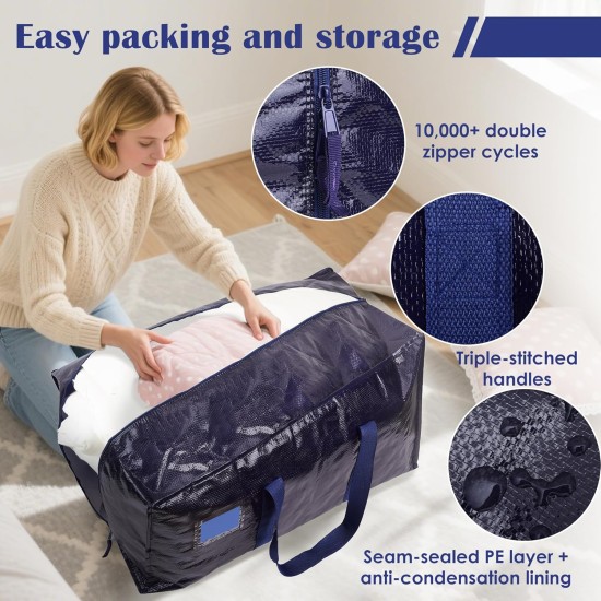 6 Pack Extra Large Heavy Duty Moving Bags with Reinforced Zipper & Wide Handles, Moisture-Resistant Storage Bins Packing Cubes for Clothes, College Dorm, Travel, and Home Organization, Dark Blue