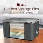 Reli. 60L Clothes Storage Bags (9 Pack) Closet Organizers, Storage Containers | Foldable Clothes Bins w/Lids, Handles | Large Bags for Storing Towels, Clothing, Toys, Blankets | Grey