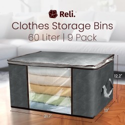 Reli. 60L Clothes Storage Bags (9 Pack) Closet Organizers, Storage Containers | Foldable Clothes Bins w/Lids, Handles | Large Bags for Storing Towels, Clothing, Toys, Blankets | Grey Reli. 60L Clothes Storage Bags (9 Pack) Closet Organizers, Storage Containers | Foldable Clothes Bins w/Lids, Handles | Large Bags for Storing Towels, Clothing, Toys, Blankets | Grey