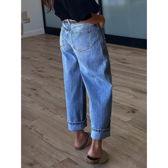 Flamingals Straight Leg Jeans for Women Boyfriend Mid Rise Roll Hem Wash Cropped Denim Pants Without Belt