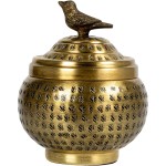 Round Hammered Metal Container with Bird Finial, Brass Finish Round Hammered Metal Container with Bird Finial, Brass Finish