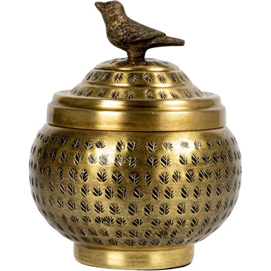 Round Hammered Metal Container with Bird Finial, Brass Finish Round Hammered Metal Container with Bird Finial, Brass Finish