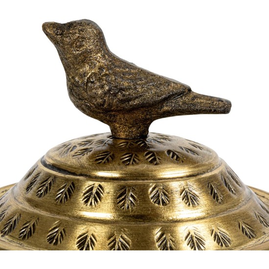 Round Hammered Metal Container with Bird Finial, Brass Finish Round Hammered Metal Container with Bird Finial, Brass Finish