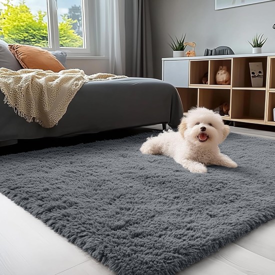 OLANLY Area Rugs for Living Room Bedroom, Machine Washable 4x5.9 ft Soft Fluffy Shaggy Bedside Rug, Indoor Floor Carpet for Kids Girls and Boys, Dorms, Nursery Rooms, Home Decor Aesthetic, Grey