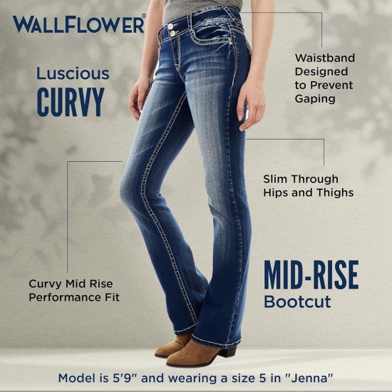 WallFlower Luscious Curvy Bootcut Jeans for Women, Mid-Rise Insta Stretch Denim, Size-Inclusive Juniors Jeans, Sizes 0 to 24